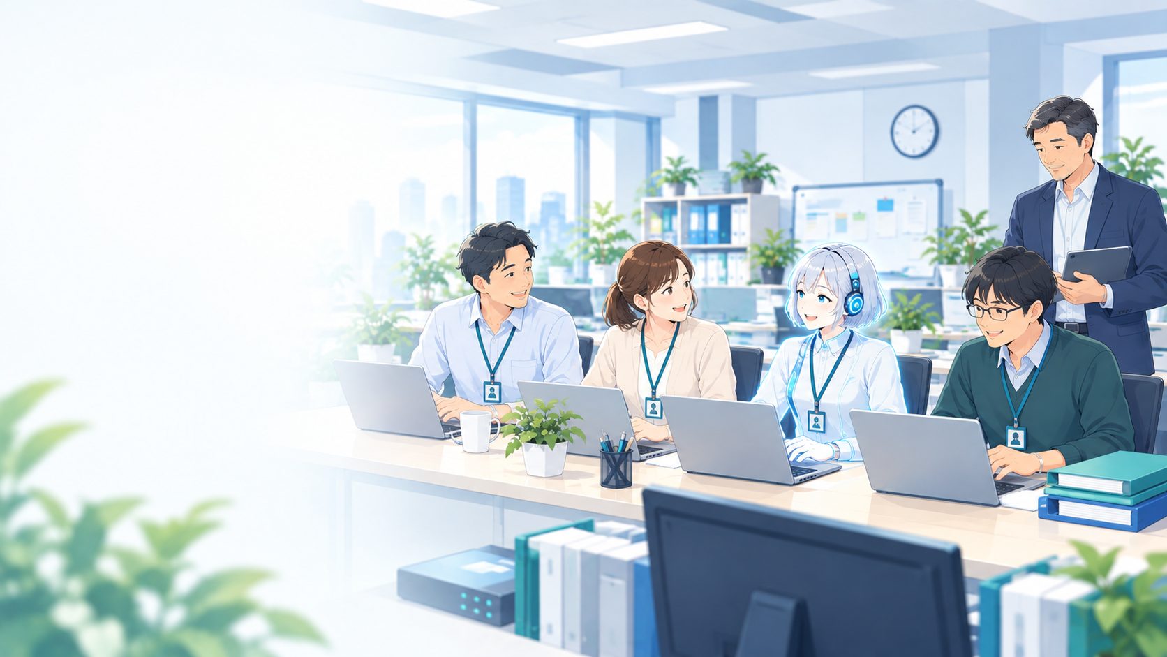 事務所で社員と並んで働くAI社員と、それを見守る外部のIT担当者のイラスト